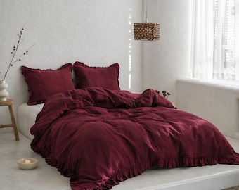 Burgundy Cotton Ruffle Bedding Set | Soft Washed Cotton Duvet Cover Set | Luxury Plum Bed Linen with Pillow Covers
