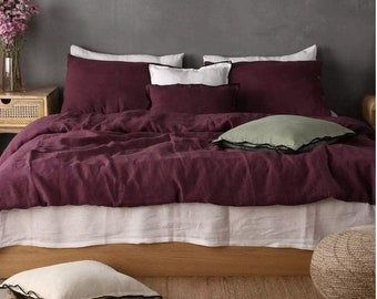 Linen duvet cover with buttons in Deep Burgundy / Washed soft linen king bedding / Natural stonewashed queen/ custom size linen duvet cover
