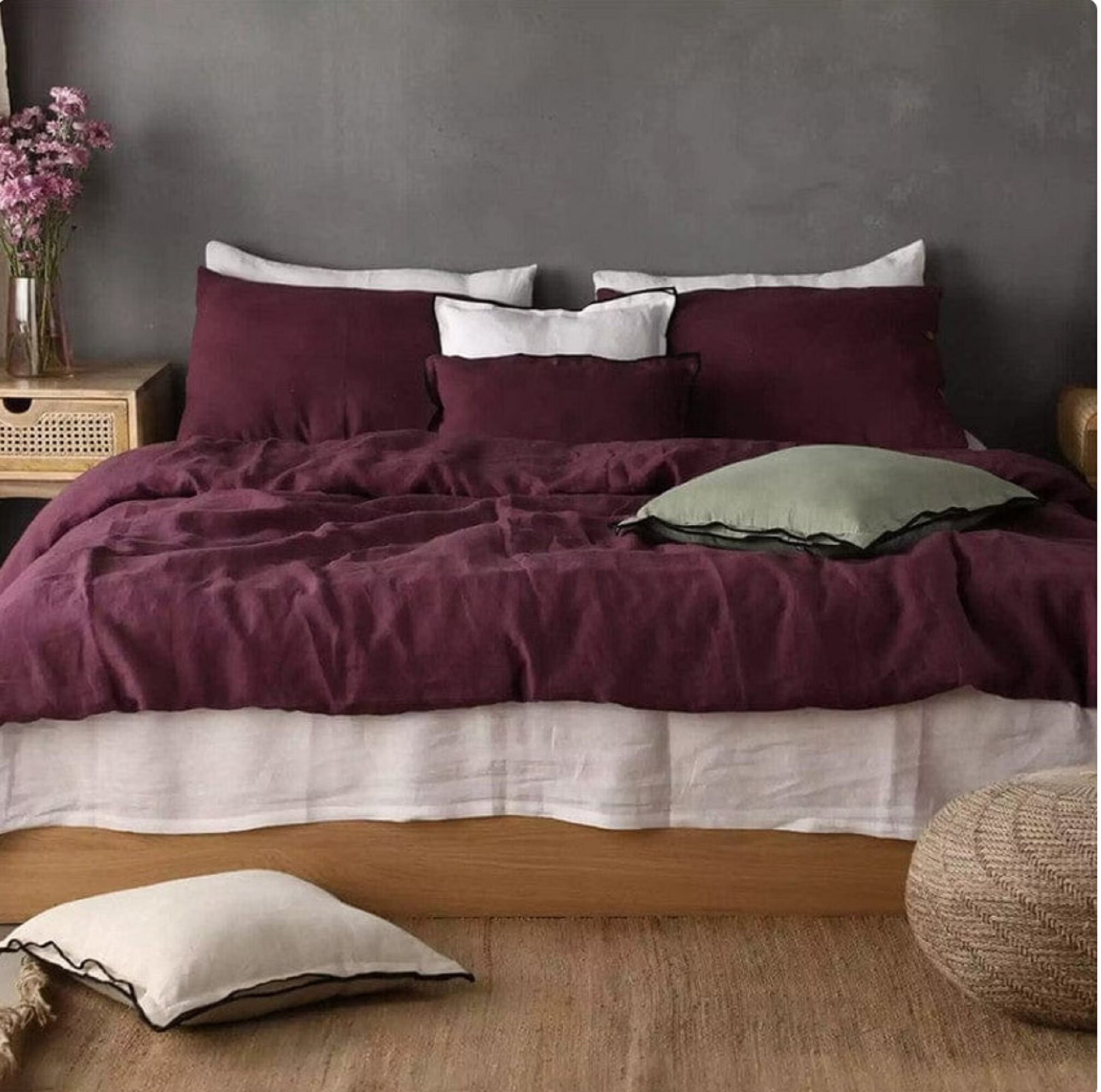 Linen Duvet Cover With Buttons in Deep Burgundy / Washed Soft Linen