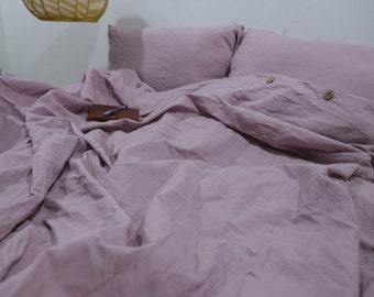 Dusty Rose Cotton Duvet Cover Set: Stonewashed Buttoned Bedding