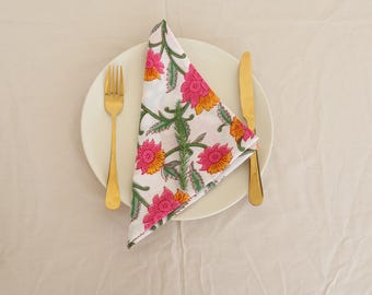 Hand Block Printed Cotton Napkins: Floral Washable Napkins