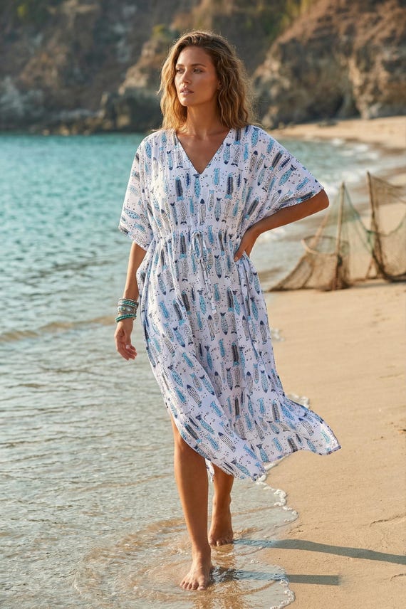 cotton fish print dress Women Kaftan Dress, Beach Cover Up, Blue White Summer Dress, Boho Loose Fit Tunic, Resort Wear, Vacation Outfit Green Size:X LARGE Sport Shirts Buy Green Full Sleeves These easy care steps