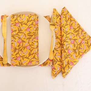 Floral Indian Hand Block Printed Napkin Set,100% Cotton Cloth Napkin for Dinner Party Housewarming Set, Yellow Mustard Printed Cotton Napkin