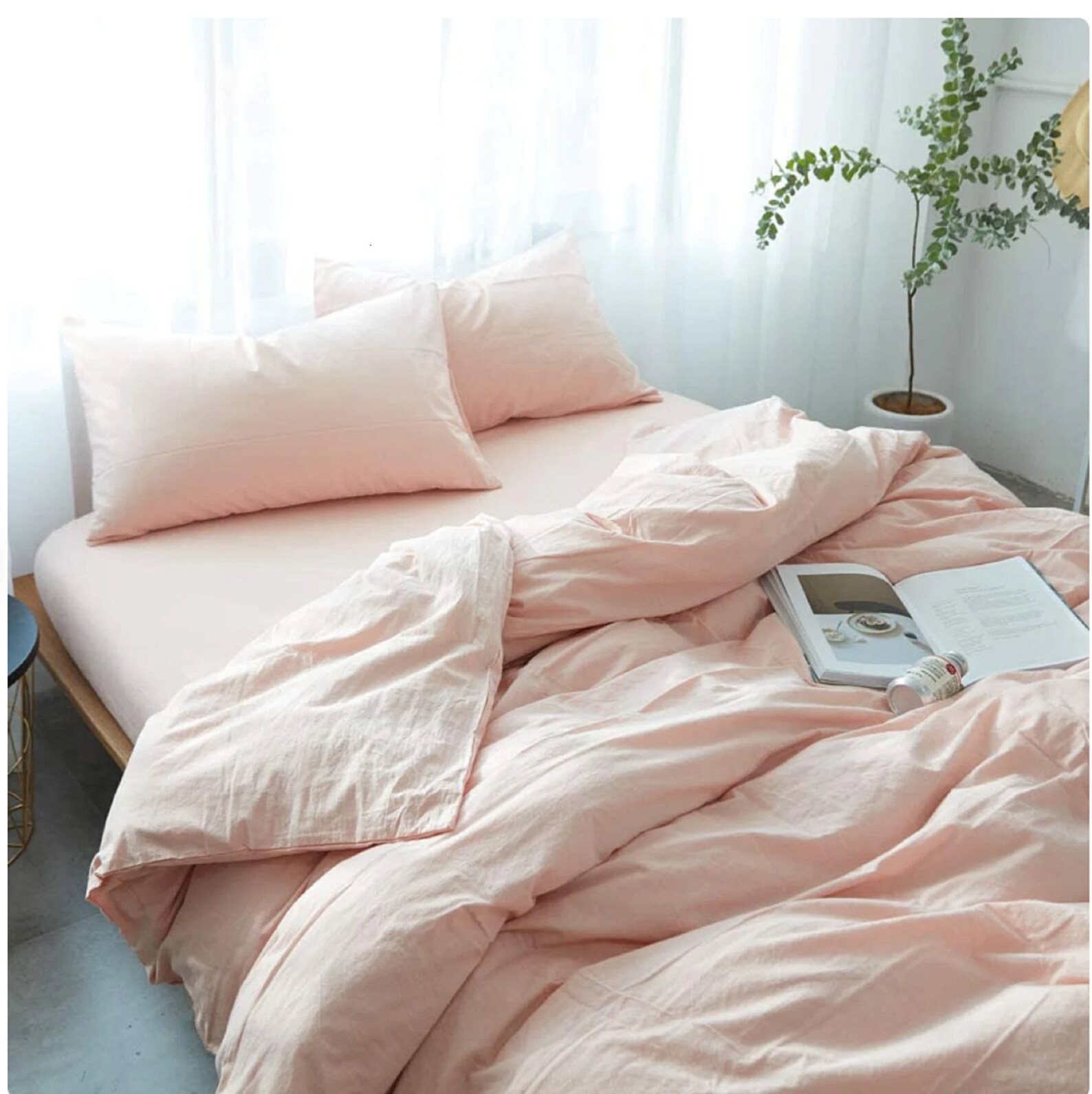 Pink Color Cotton Duvet Cover Set King Duvet Cover Stonewashed Softened