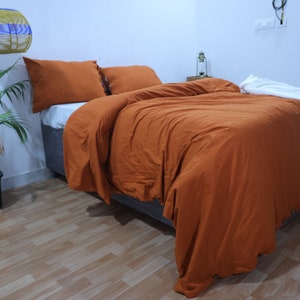 Burnt Orange Cotton Duvet Cover - 3 Piece  Duvet Cover Set With button - Washed Cotton Burnt Orange Duvet Cover Pillow Shame