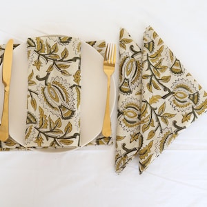 100% reine Baumwolle Gelb und Weiß Floral Hand Block Print Serviette, Cocktailserviette, Abendessen Servietten, Hochzeit für Servietten Set, Baumwollstoff Serviette
