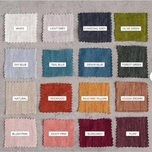 May include: Swatch card with 16 fabric samples in various colors, including white, light grey, charcoal grey, olive green, sky blue, teal blue, denim blue, forest green, natural, redwood, mustard yellow, cocoa brown, blush pink, dusty pink, burgundy, and plum.