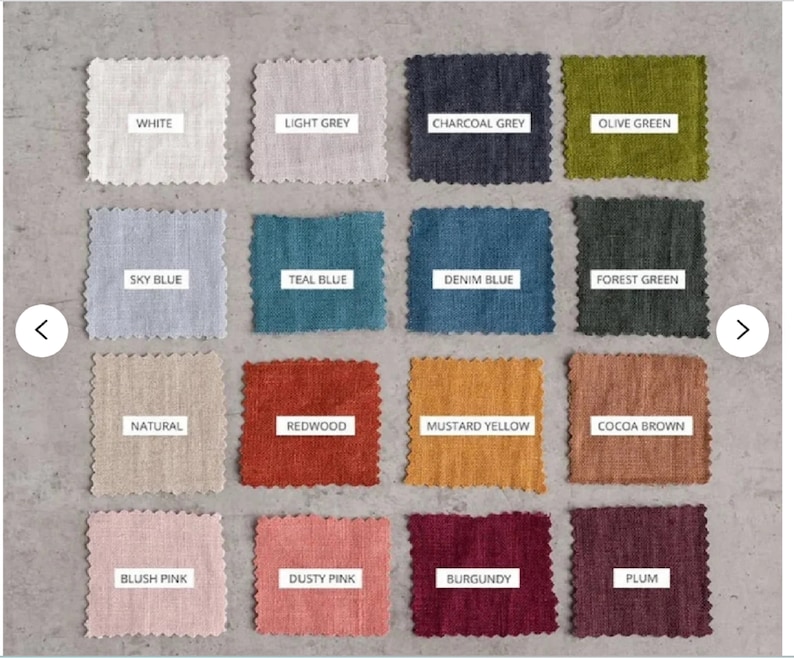 May include: Swatch card with 16 fabric samples in various colors, including white, light grey, charcoal grey, olive green, sky blue, teal blue, denim blue, forest green, natural, redwood, mustard yellow, cocoa brown, blush pink, dusty pink, burgundy, and plum.