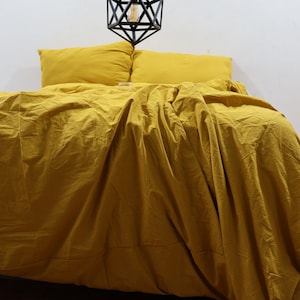 Yellow Mustard Linen Duvet Cover Set: Stonewashed Bedding, Button Closure
