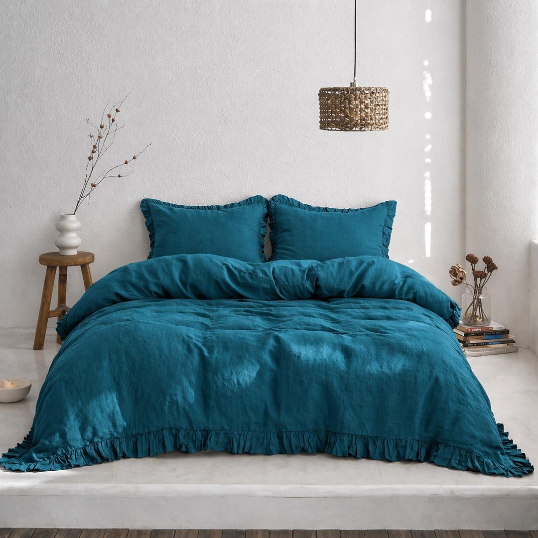 Teal Blue Linen Bedding Set With Ruffle Edges – Soft Minimalist Bedroom ...