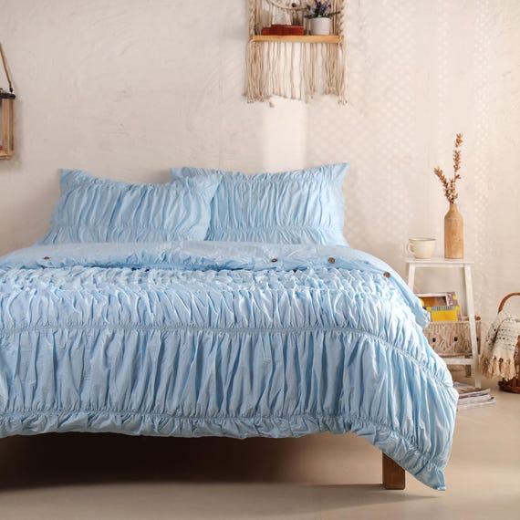 Sky Blue Wrinkle Bettbezug - Gemütliches Pastell Wohndekor, geraffte Bettwäsche mit Kissenbezügen