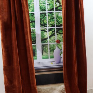 May include: A pair of rust-colored velvet curtains hang from a curtain rod in front of a window with a green tree and a white vase with a red flower.