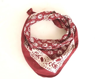 Burgundy Cotton Bandana Scarf: Bohemian Block Print Neckerchief