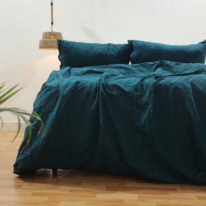 Emerald Green Linen Duvet Cover Set: Stone Washed Bedding