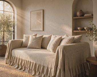 Natural Linen Ruffled Couch Cover, Sofa Slipcover, Farmhouse Sofa Throw, Neutral Living Room Decor, Boho Sofa Protector, Washed Linen Cover