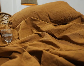 Terracotta Linen Bedding Set: Stonewashed Duvet Cover & Pillow Cases