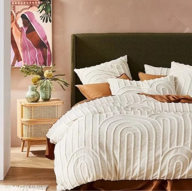 3 Piece Tufted Cotton Duvet Cover Set, White/Ivory Duvet Cover With Pillowcases, King/Queen/Twin Custom Size Quilt Comforter Cover Set