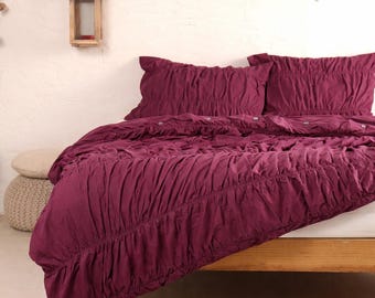 Soft Burgundy Wrinkle Duvet Cover With Pillowcase – Ruched Bedding Set with Pillowcases, Cozy Pastel Home Decor