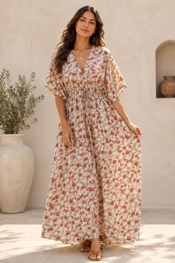 boho cotton dresses australia Printed Kaftan Resort Wear Kaftan Kaftan Dress Linen Connections This dress is made collections:KConstruction Colour:Rose Red Corset Wedding Dresses: Elegant Beach dress