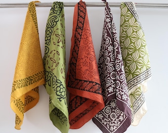 Organic Cotton Bandana Scarf Set: Vintage Boho Block Print Head Wrap