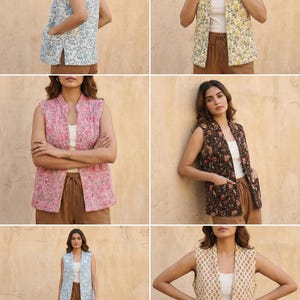 May include: A collection of sleeveless quilted vests in various floral and geometric patterns. The vests feature colors like blue, yellow, pink, and brown, with a neutral background. Each vest has a unique design, showcasing a range of styles.