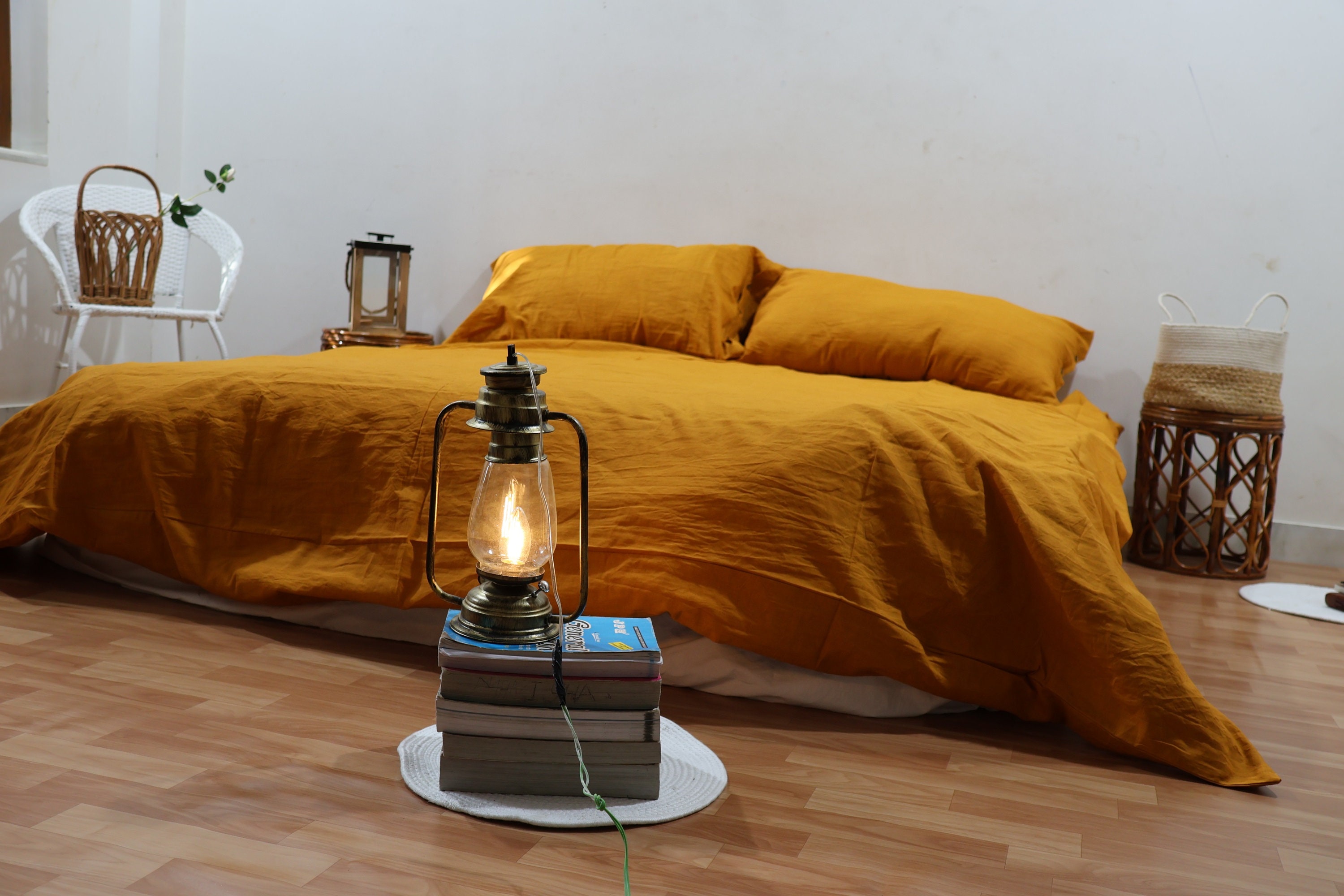 Mustard Linen Duvet Cover Set: Softened Boho Bedding