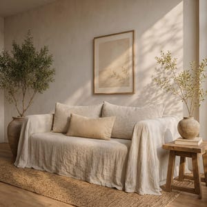 May include: A beige linen-covered sofa featuring two large back cushions and one rectangular throw pillow. The sofa is draped in a textured fabric cover, positioned in a room with a framed wall print, a potted tree, and a wooden side table.