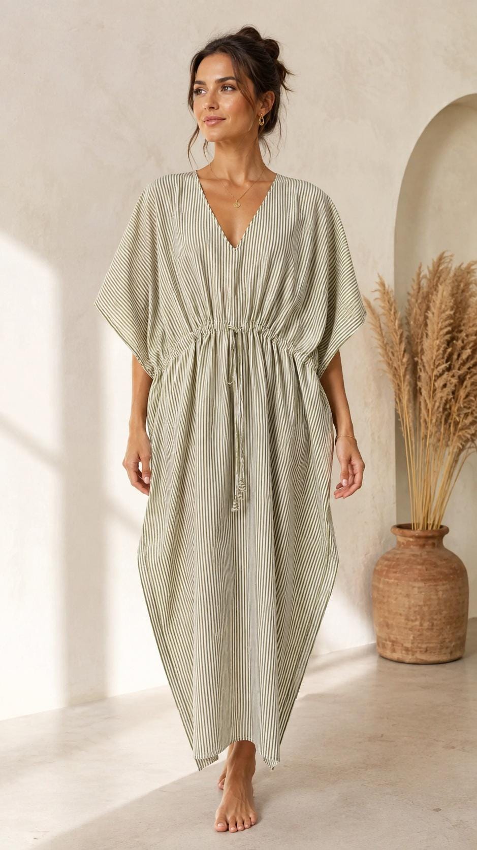 olive green kaftan dress Striped Cotton for Women, V Neck Maxi Caftan, Drawstring Waist, Loose Fit Beach Cover Up, Boho Resort Wear gold embroidered bridal gown