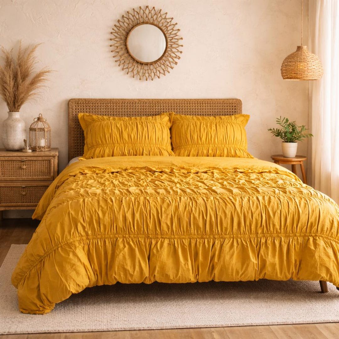 Mustard Yellow Ruched Cotton Duvet Cover Set – Cozy Boho Bedding - Etsy