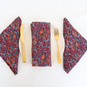 Hand Block Printed Cotton Napkins: Floral Farmhouse Table Decor
