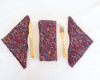 Hand Block Printed Cotton Napkins: Floral Farmhouse Table Decor