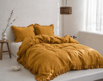 Juego de ropa de cama de algodón amarillo mostaza con volantes / Juego de funda nórdica de algodón suave lavado / Ropa de cama de lujo color ciruela con fundas de almohada