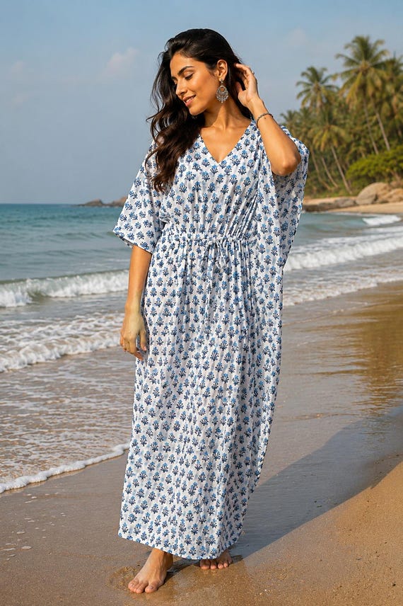 Blue Floral Cotton Kaftan Dress, Women Beach Cover Up, Hand Block Print Maxi Kaftan, V Neck Boho Summer Dress, Resort Wear