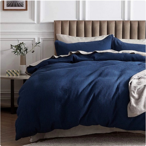 25 Color Available  Washed Cotton Waffle Duvet Cover 3Pcs Sea Blue Duvet Cover With Button Closer  Bedding Duvet Cover Set With 2 Pillow