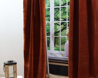 Rust Velvet Curtains: Boho Window Drape, Room Divider (Set of 2)