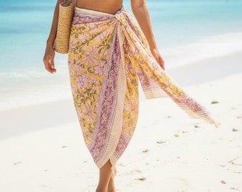 Floral Block Print Sarong – Boho Cotton Beach Wrap Skirt, Handmade Pareo Cover Up