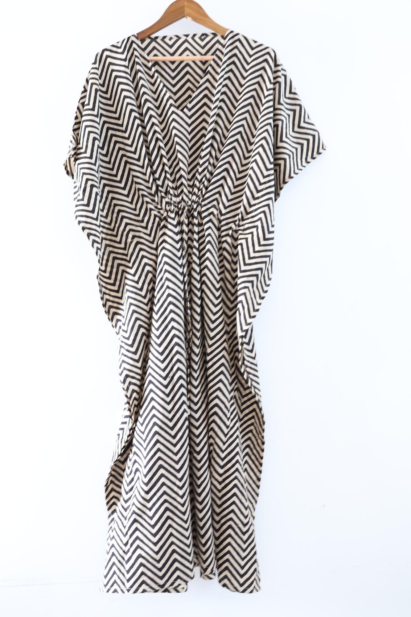 Hand Block Printed Cotton Kaftan: Boho Beach Coverup, Indian Floral Print