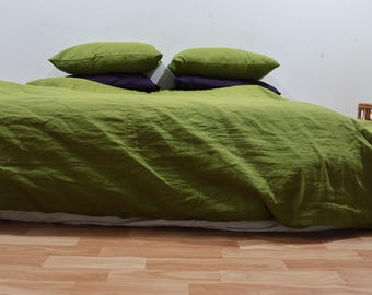 Moss Green Linen Bedding Set: Stonewashed Duvet Cover & Pillowcases