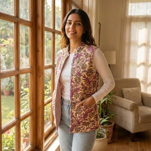 Puede incluir: Una mujer con un chaleco con estampado floral con fondo crema y estampado floral burdeos. El chaleco va sobre una camisa blanca de manga larga y vaqueros azul claro. El chaleco tiene bolsillos y forro a rayas.
