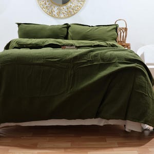 Moss Green Cotton Waffle Duvet Cover Set - 3 Pcs Bedding