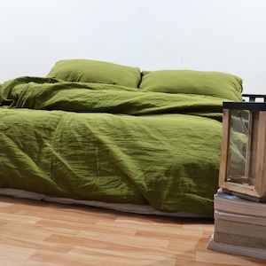 Stonewashed Linen Duvet Cover Set: Moss Green Boho Bedding