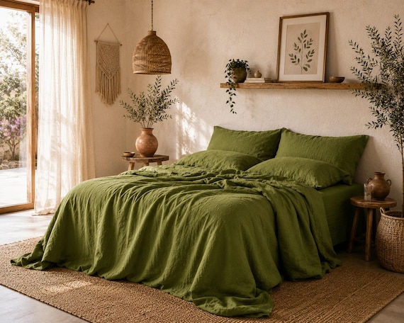Olivgrüner Leinen Bettbezug, gewaschenes Leinen Bettwäsche Set, Flachs Quilt Cover, Minimalist Boho Bett Set, Queen King Bettwäsche