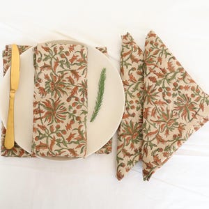 Floral Block Print Napkins: 100% Cotton Boho Serviettes Set