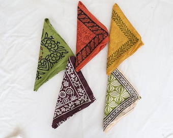 Block Printed Cotton Bandanas - Bohemian Head Wrap Set of 5 - Organic Dyes