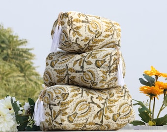 Quilted Floral Cosmetic Pouch Set: Indian Block Print Travel Bags