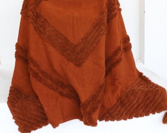 Handmade Cotton Tufted Throw Blanket: Rusty Orange Bohemian Bedding