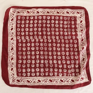 Burgundy Cotton Bandana Scarf: Bohemian Block Print Neckerchief