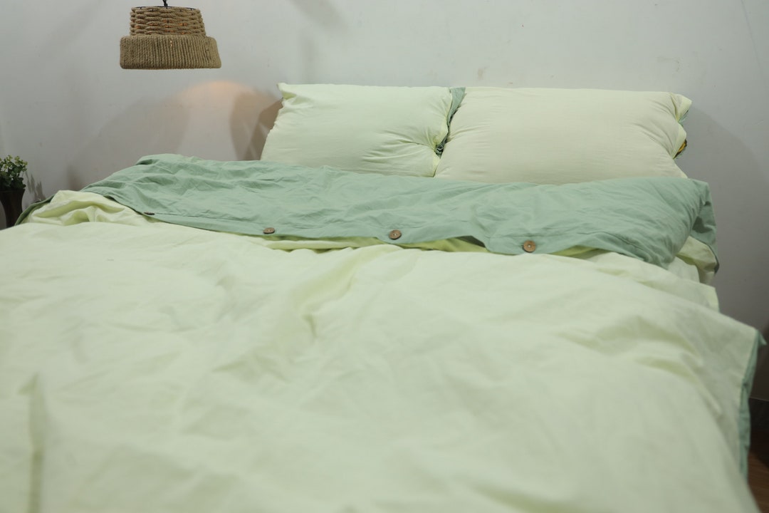 Sage Green and Yellow Pastel Color Cotton Duvet Cover Two Color Duvet