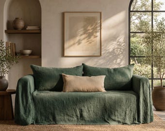 Dark Moss Green Linen Couch Cover, Sofa Slipcover, Farmhouse Sofa Throw, Neutral Living Room Decor, Boho Sofa Protector, Washed Linen Cover