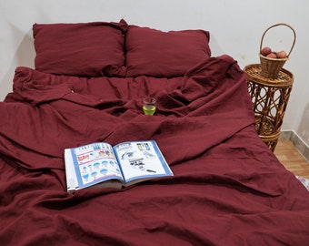 Washed Linen Duvet Cover Set: Maroon Bedding with Pillowcases